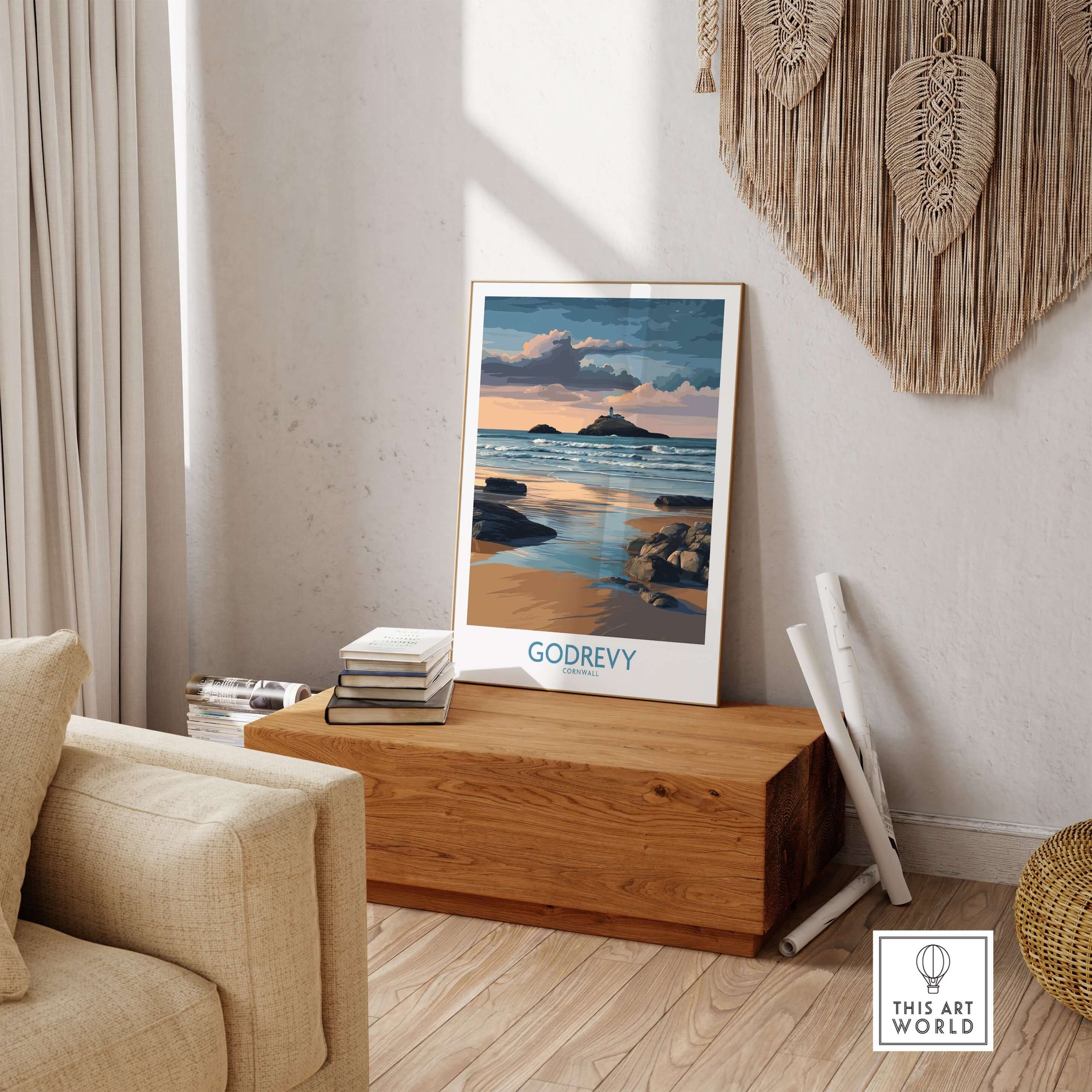 Godrevy Poster - Lighthouse Sunset - Cornwall Travel Print - Coastal Art - Beach Wall Decor displayed in a cozy living room.