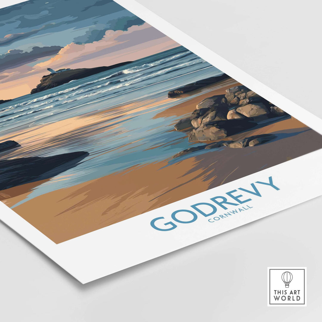 Godrevy Poster featuring a sunset over the beach, showcasing Cornwall's coastal beauty and serene landscape.