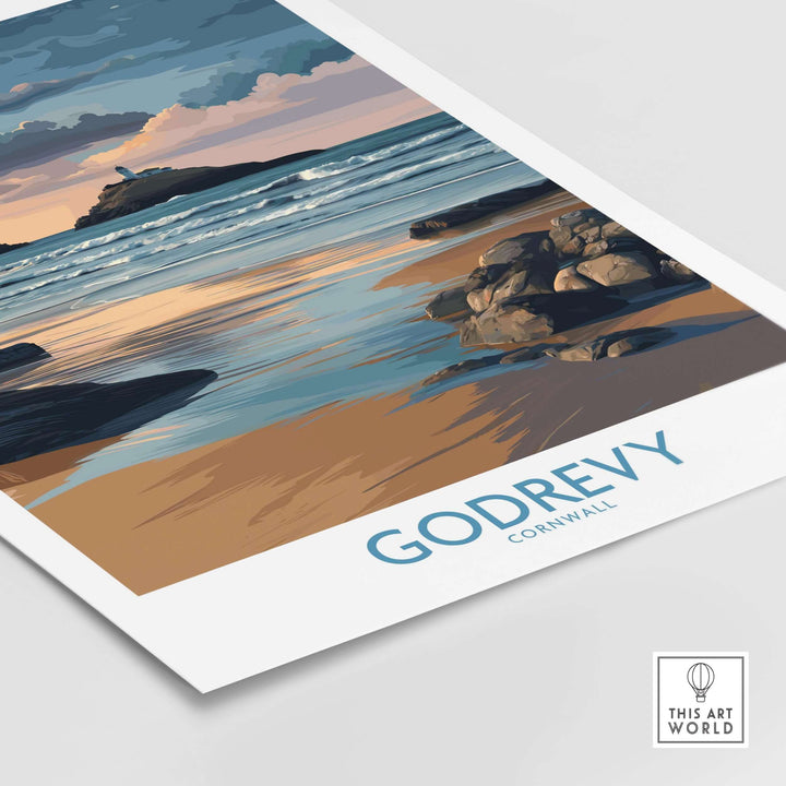 Godrevy Poster featuring a sunset over the beach, showcasing Cornwall's coastal beauty and serene landscape.