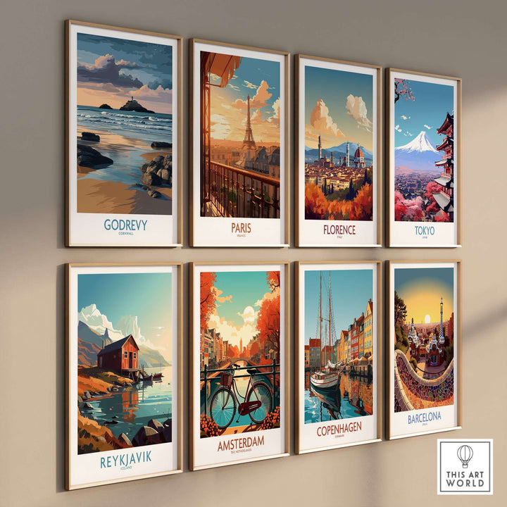 Collection of travel posters featuring Godrevy, Paris, Florence, Tokyo, Reykjavik, Amsterdam, Copenhagen, and Barcelona.