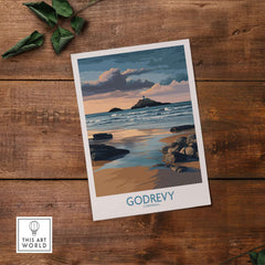 Godrevy Poster - Lighthouse Sunset - Cornwall Travel Print - Coastal Art - Beach Wall Decor on wooden surface.