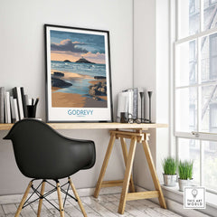 Godrevy Poster - Lighthouse Sunset - Cornwall Travel Print - Coastal Art - Beach Wall Decor displayed in a stylish interior.