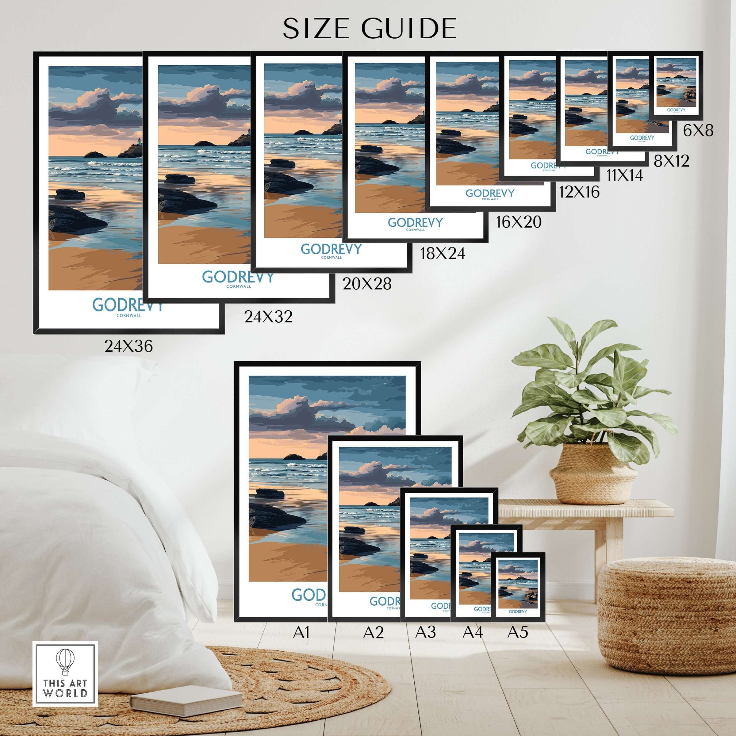 Godrevy Poster - Lighthouse Sunset - Cornwall Travel Print - Coastal Art - Beach Wall Decor size guide displayed with various frame sizes.