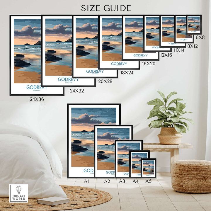 Size guide for Godrevy Poster prints, showcasing dimensions for various frames with coastal artwork.