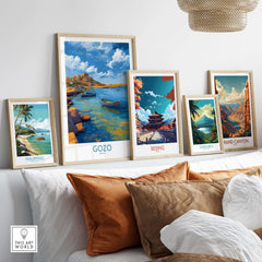 Gozo Malta Coastal Village Art Print | Traditional Boats Poster displayed among other travel art prints.