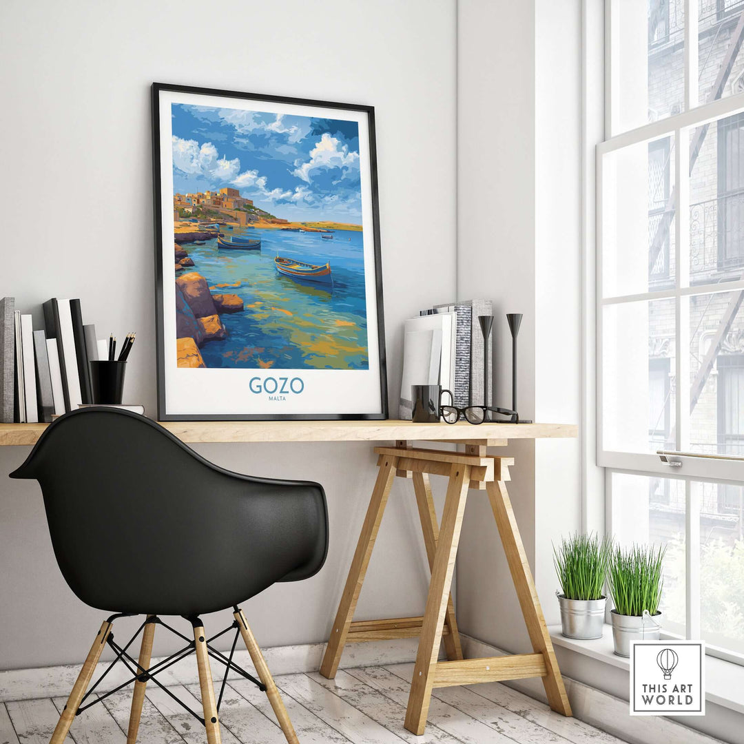 Gozo Malta Coastal Village Art Print | Traditional Boats Poster displayed in a modern workspace setting.