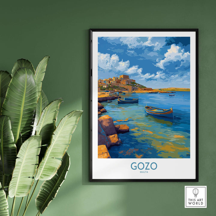 Gozo Malta Coastal Village Art Print | Traditional Boats Poster displayed in a modern interior with greenery.