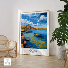 Gozo Malta Coastal Village Art Print | Traditional Boats Poster displayed in a bright interior with coastal scene.