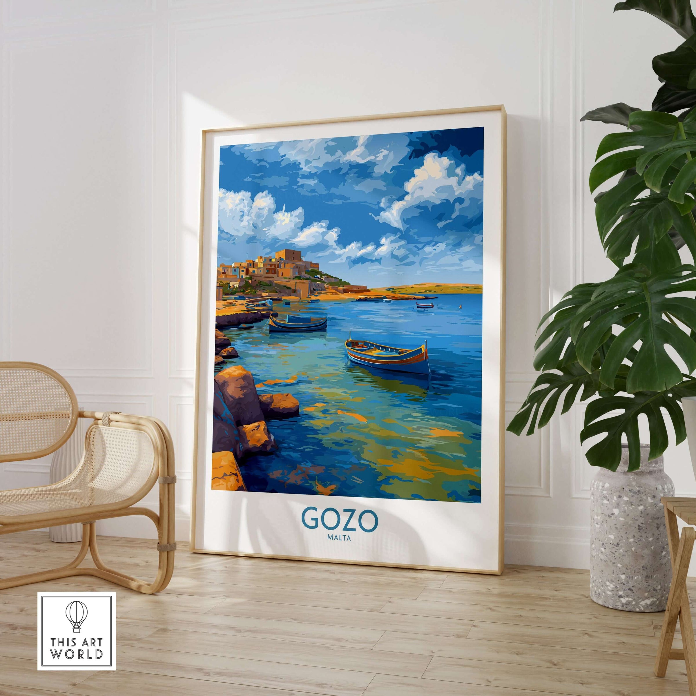Gozo Malta Coastal Village Art Print | Traditional Boats Poster displayed in a bright interior with coastal scene.