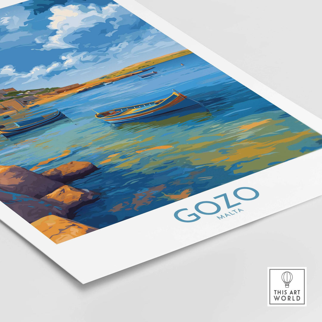 Gozo Malta Coastal Village Art Print | Traditional Boats Poster showcasing vibrant traditional boats on a serene Mediterranean sea.