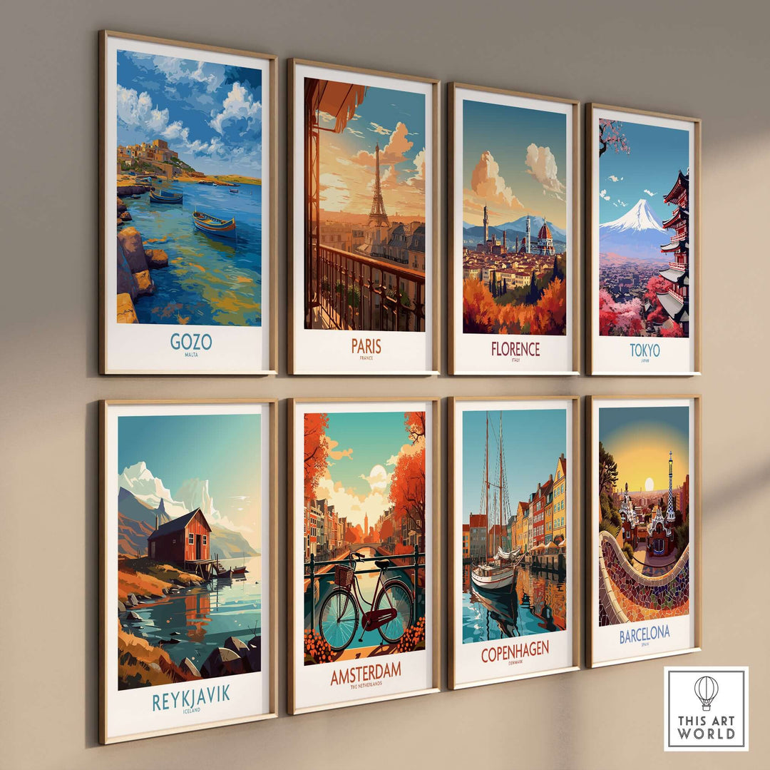 Gozo Malta Coastal Village Art Print | Traditional Boats Poster displayed among other city art prints on a gallery wall.