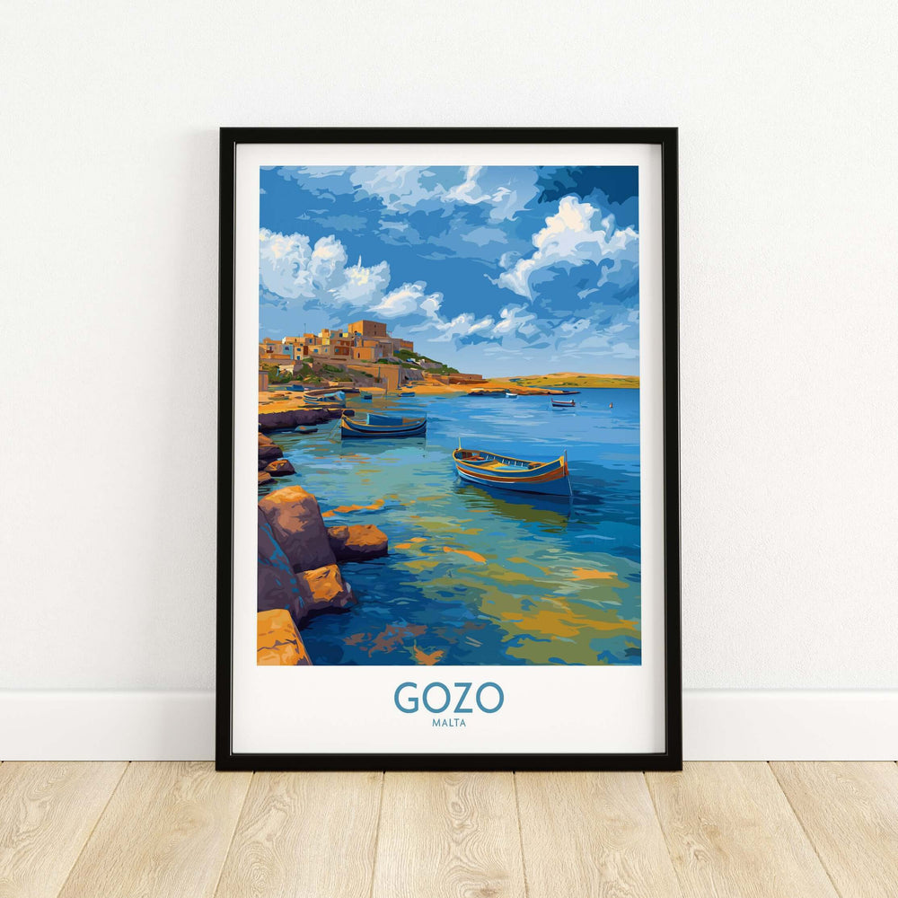 Gozo Malta Coastal Village Art Print | Traditional Boats Poster showcasing vibrant coastal scene with traditional boats.
