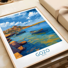 Gozo Malta Coastal Village Art Print | Traditional Boats Poster showcasing traditional boats in a serene coastal landscape.