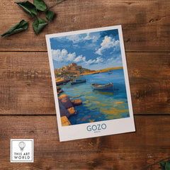 Gozo Malta Coastal Village Art Print | Traditional Boats Poster featuring serene waters and vibrant boats.