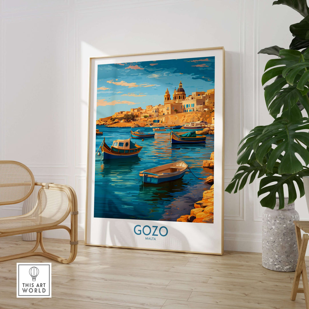 Gozo Malta Fishing Boats Art Print | Marsalforn Harbour Poster featuring colorful fishing boats at sunset.