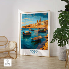 Gozo Malta Fishing Boats Art Print | Marsalforn Harbour Poster featuring colorful boats in serene waters.