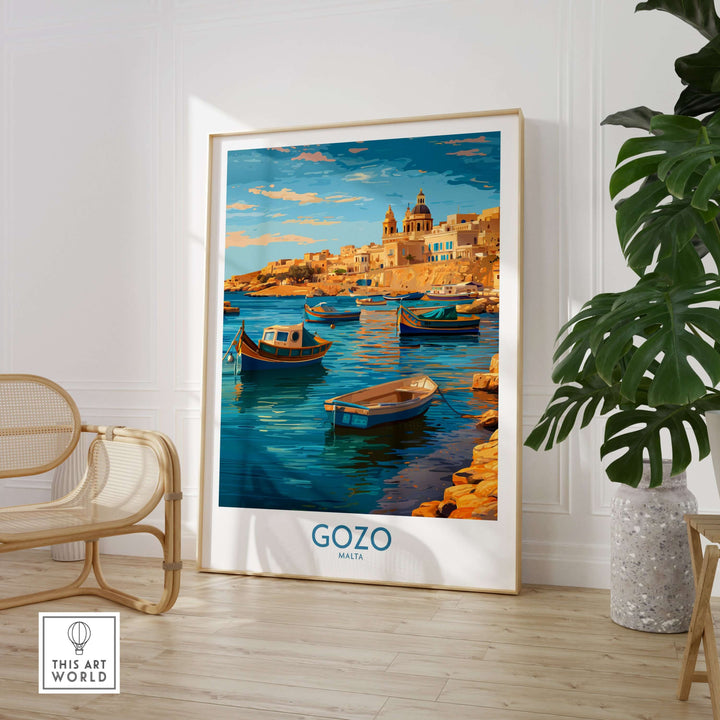 Gozo Malta Fishing Boats Art Print | Marsalforn Harbour Poster featuring colorful fishing boats at sunset.