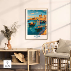Gozo Malta Fishing Boats Art Print | Marsalforn Harbour Poster displayed in a stylish living room setting.