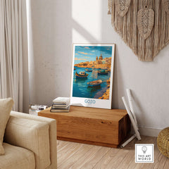 Gozo Malta Fishing Boats Art Print | Marsalforn Harbour Poster displayed in a stylish living room setting.