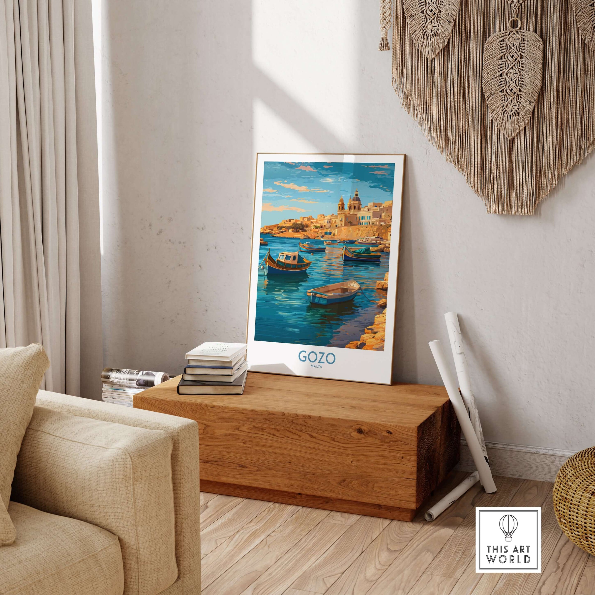 Gozo Malta Fishing Boats Art Print | Marsalforn Harbour Poster displayed in a stylish living room setting.