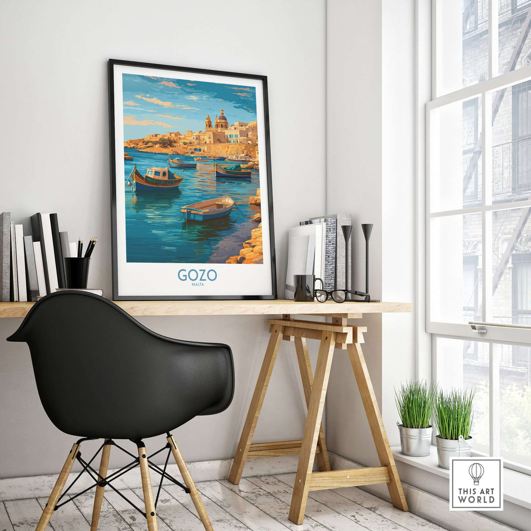 Gozo Malta Fishing Boats Art Print | Marsalforn Harbour Poster displayed in a modern interior with a black chair and desk.