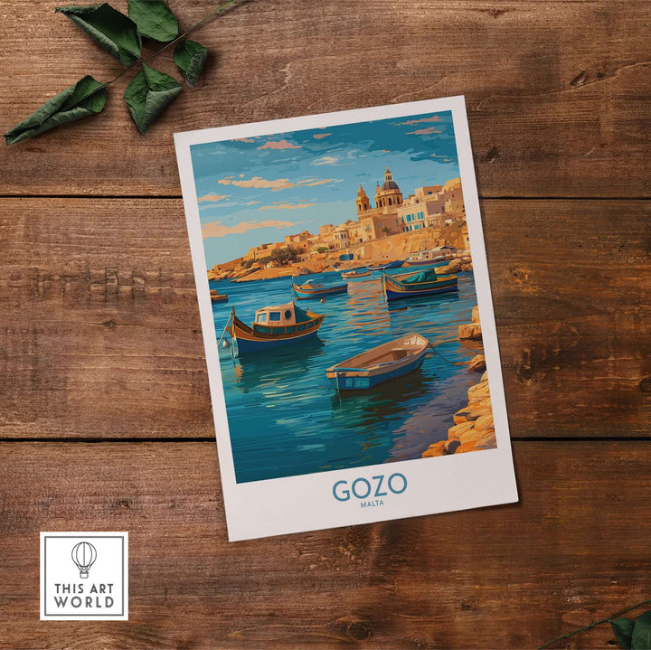 Gozo Malta Fishing Boats Art Print | Marsalforn Harbour Poster featuring colorful boats in serene waters.