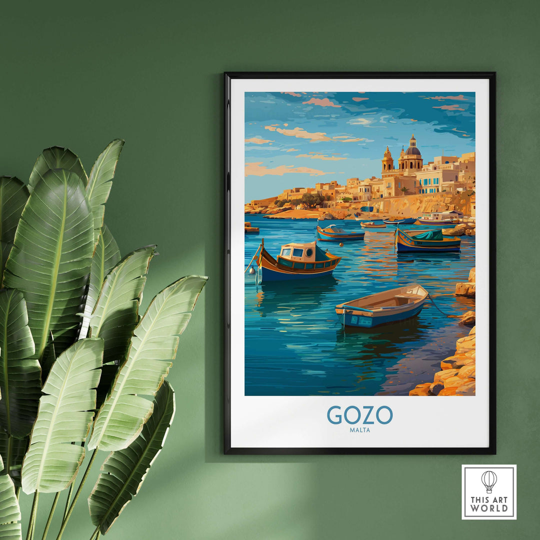 Gozo Malta Fishing Boats Art Print | Marsalforn Harbour Poster showcasing vibrant fishing boats in a serene harbor.