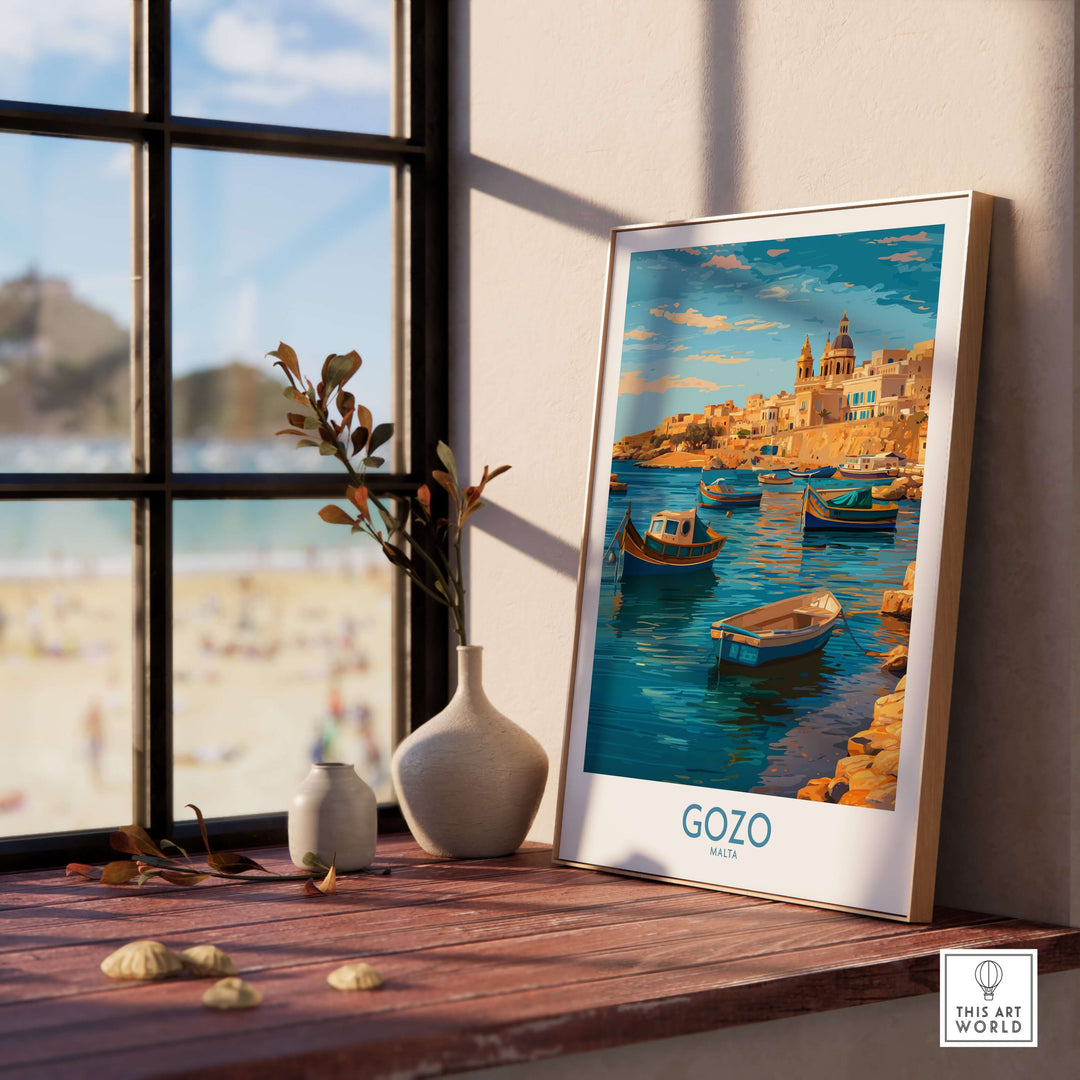Gozo Malta Fishing Boats Art Print | Marsalforn Harbour Poster displayed in a sunny interior with a beach view.