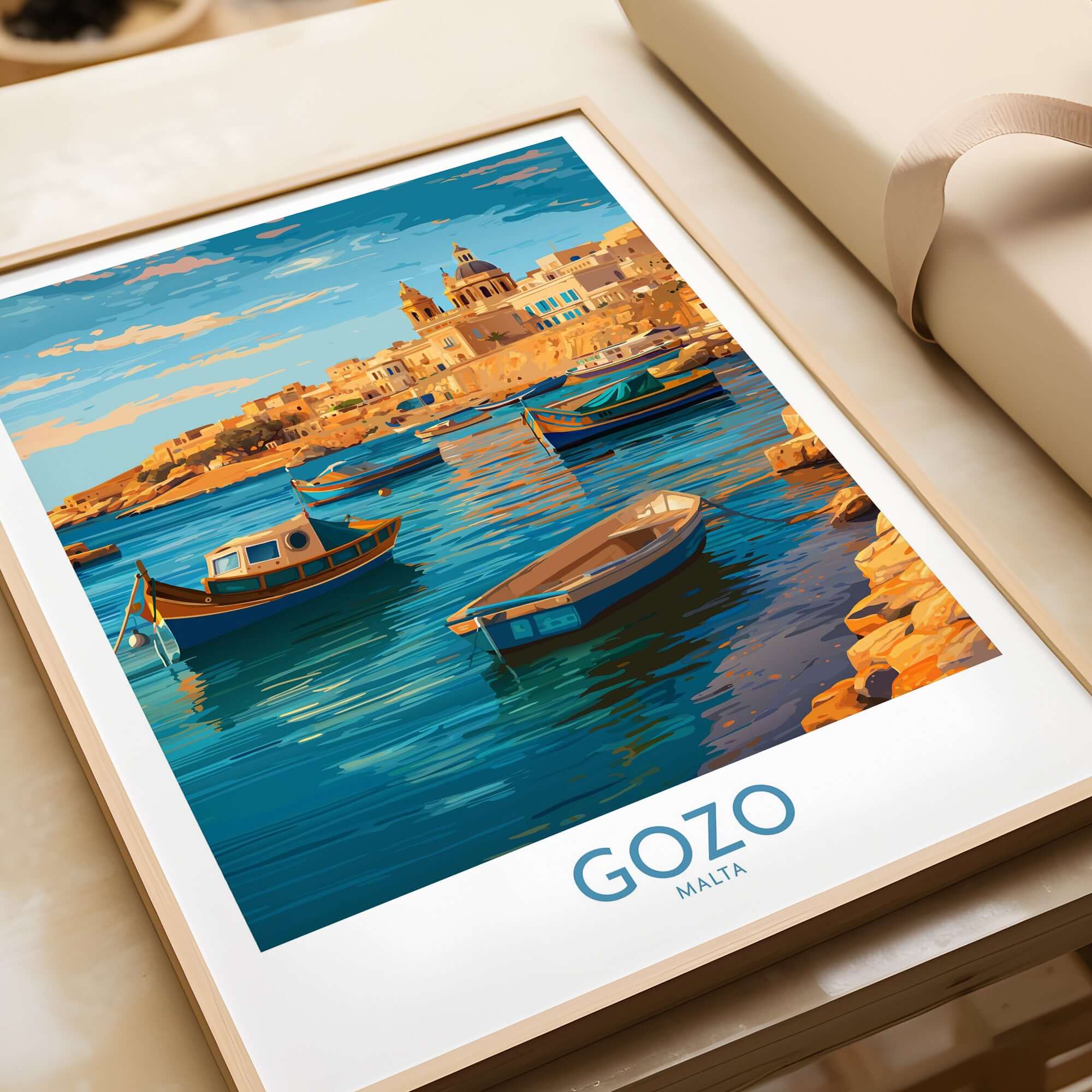 Gozo Malta Fishing Boats Art Print | Marsalforn Harbour Poster showcasing colorful boats in tranquil Mediterranean waters.