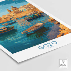 Gozo Malta Fishing Boats Art Print | Marsalforn Harbour Poster featuring vibrant fishing boats on tranquil waters.