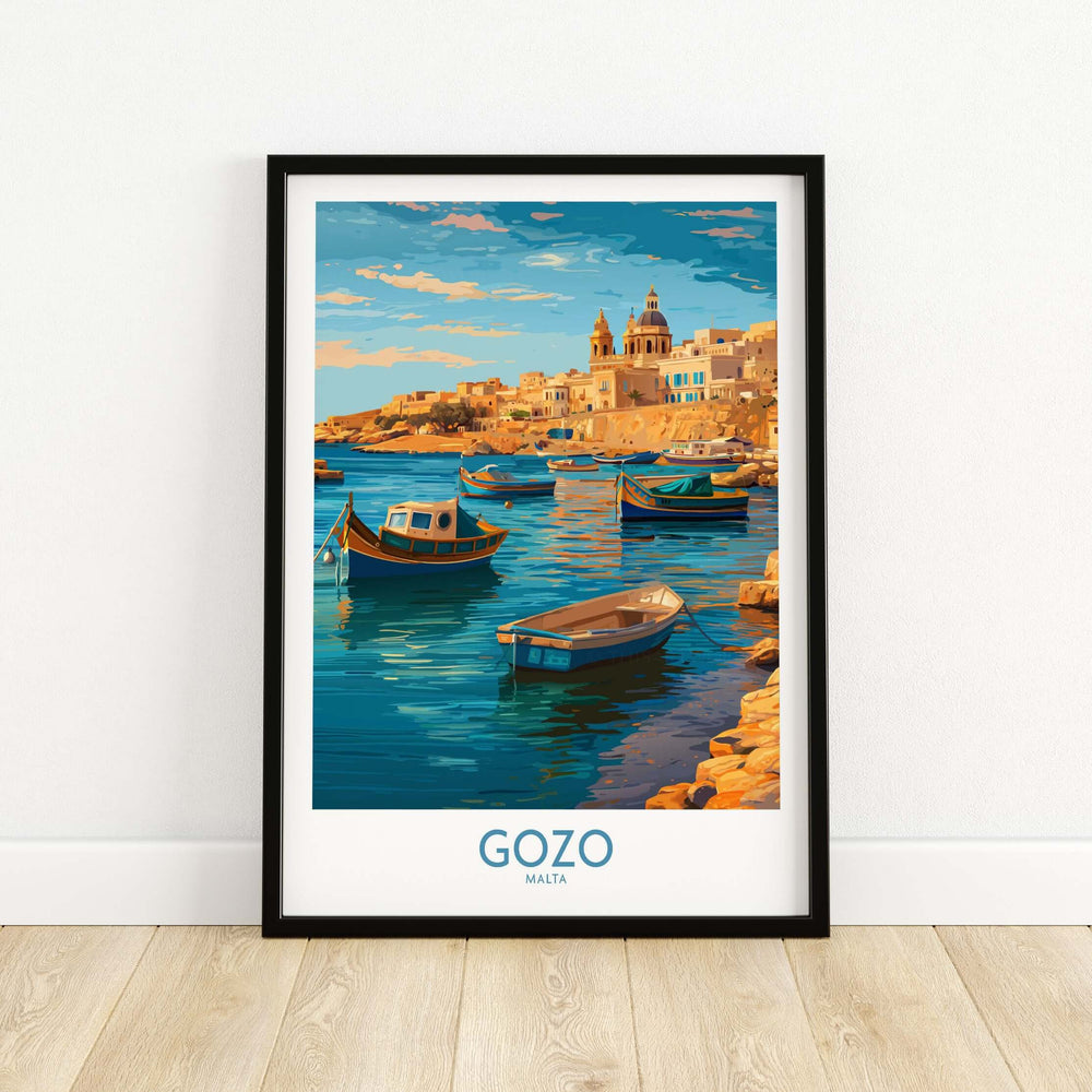 Gozo Malta Fishing Boats Art Print | Marsalforn Harbour Poster featuring colorful boats and serene waters.