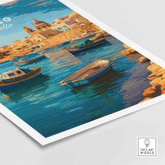 Gozo Poster - Mediterranean Print | Maltese Island Wall Decor featuring colorful boats on tranquil blue waters.
