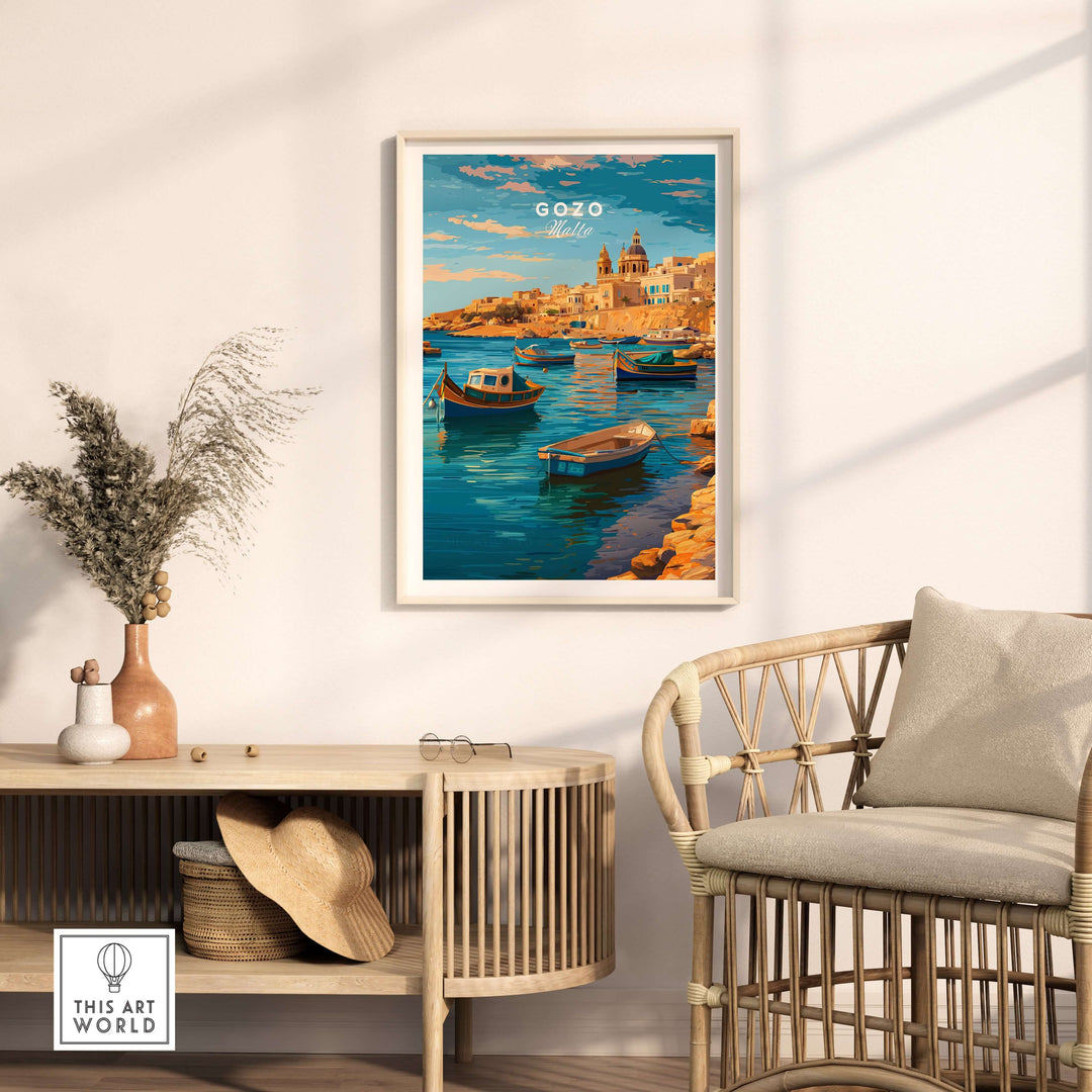 Gozo Poster - Mediterranean Print | Maltese Island Wall Decor featuring charming boats and coastal scenery.
