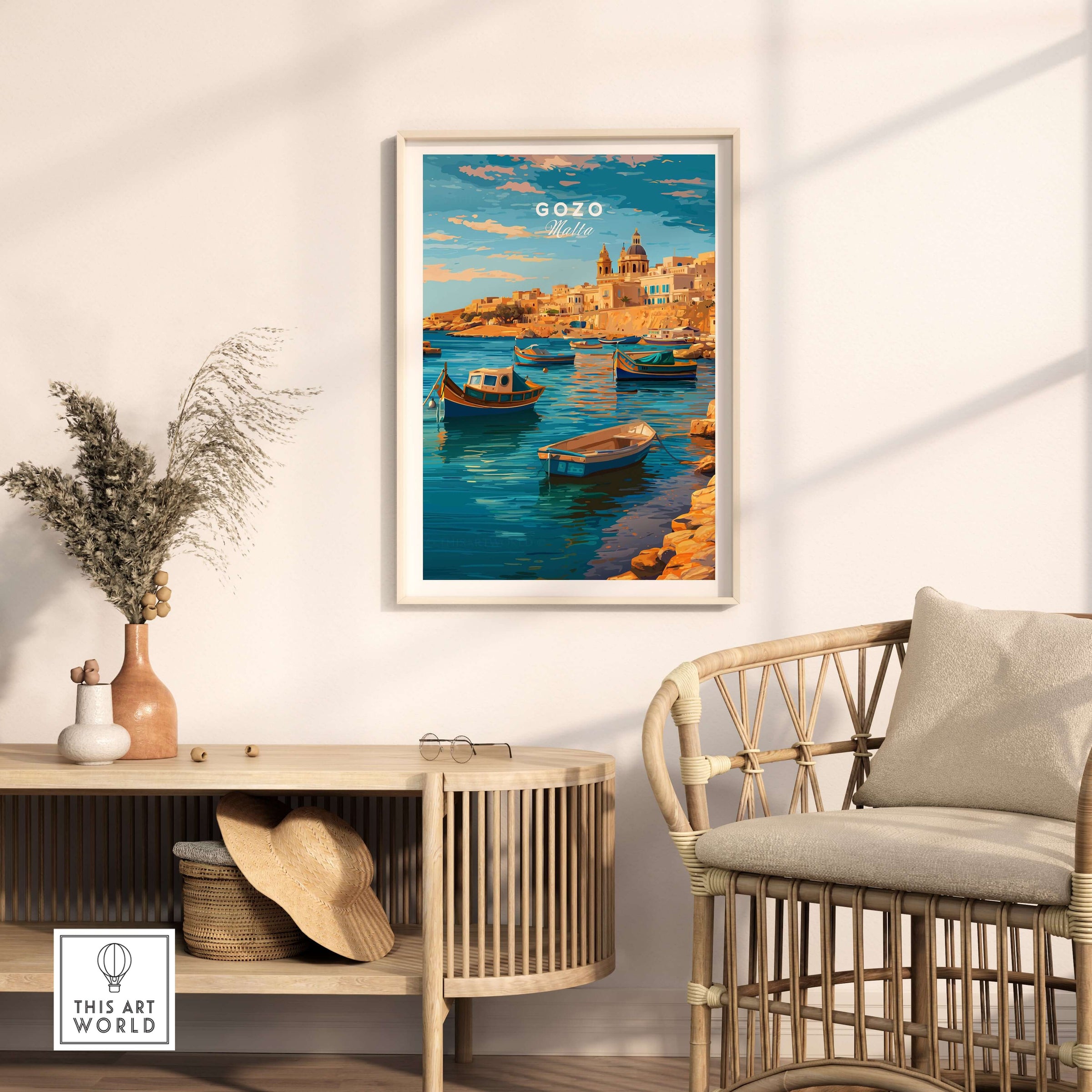 Gozo Poster - Mediterranean Print | Maltese Island Wall Decor showcasing boats in a serene coastal landscape.