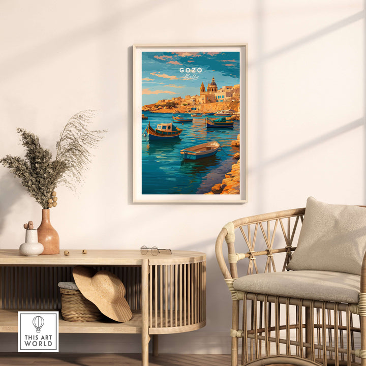 Gozo Poster - Mediterranean Print | Maltese Island Wall Decor featuring charming boats and coastal scenery.