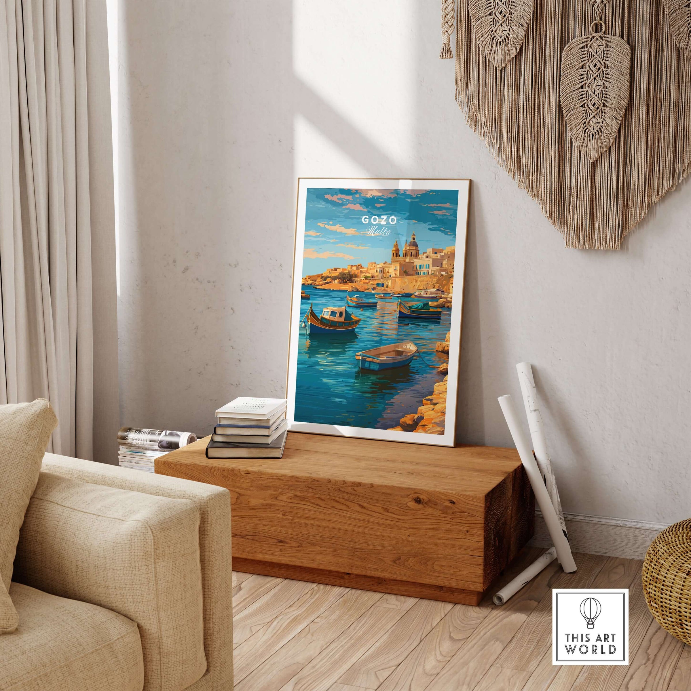 Gozo Poster - Mediterranean Print | Maltese Island Wall Decor displayed in a stylish room with wooden decor.