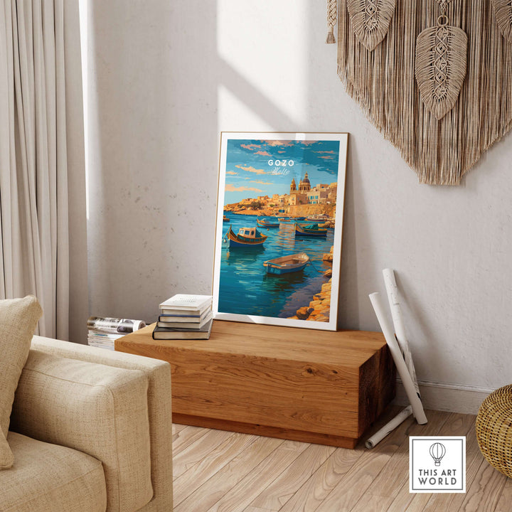 Gozo Poster - Mediterranean Print | Maltese Island Wall Decor hanging in a stylish living room with rustic decor.