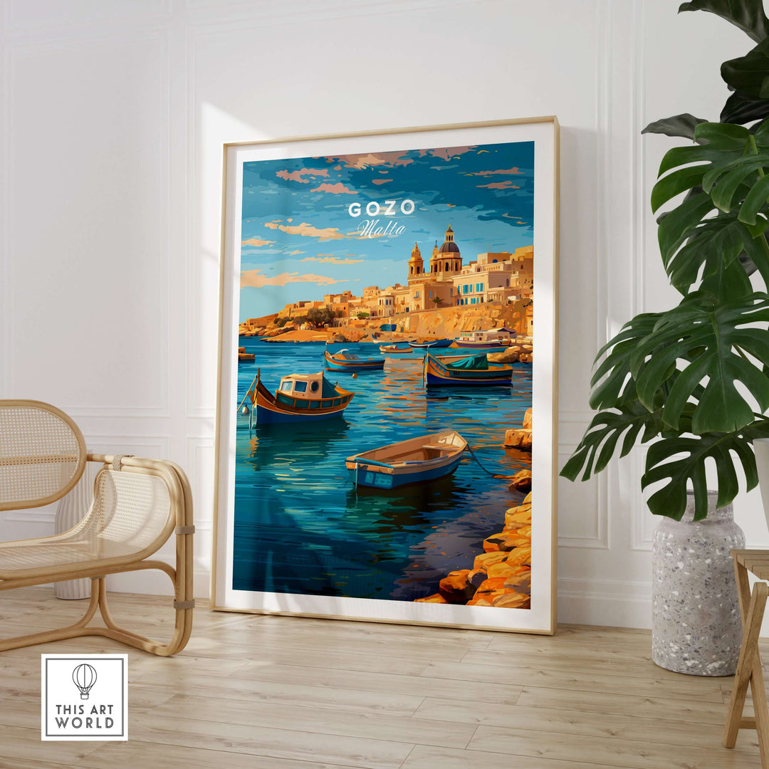Gozo Poster - Mediterranean Print | Maltese Island Wall Decor showcasing Gozo's coastal landscape in a stylish interior.
