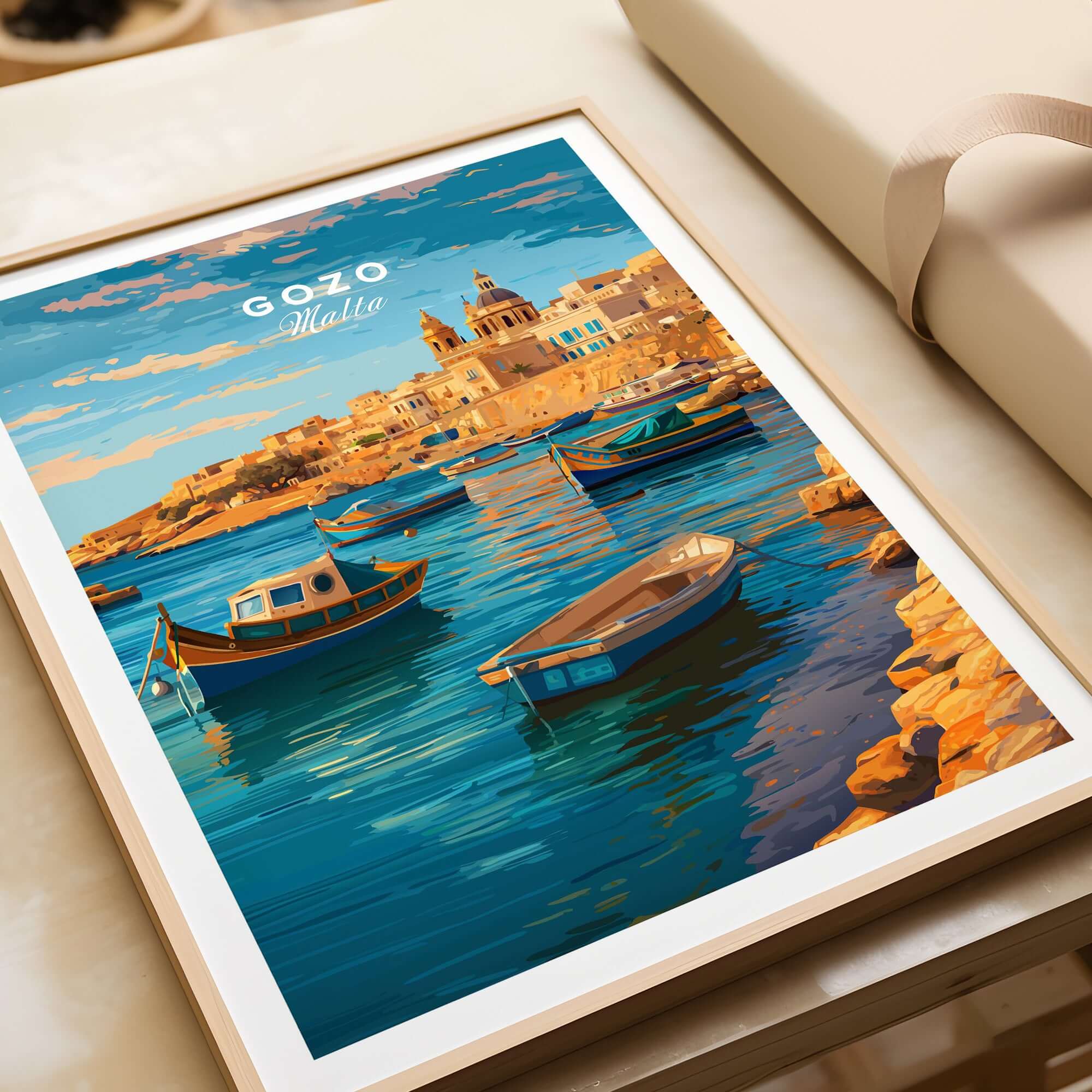 Gozo Poster - Mediterranean Print | Maltese Island Wall Decor featuring serene coastal landscape and vibrant colors.