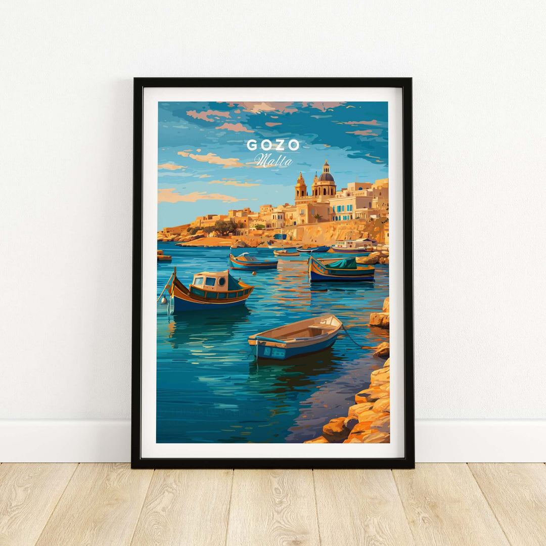 Gozo Poster - Mediterranean Print | Maltese Island Wall Decor featuring picturesque boats and coastal views.