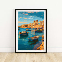 Gozo Poster - Mediterranean Print | Maltese Island Wall Decor featuring colorful boats and scenic coastal view.