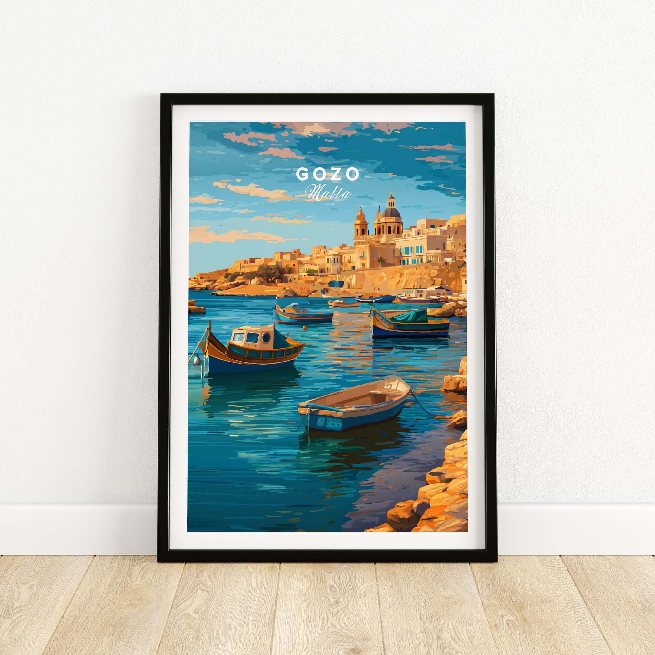 Gozo Poster - Mediterranean Print | Maltese Island Wall Decor featuring colorful boats and scenic coastal view.