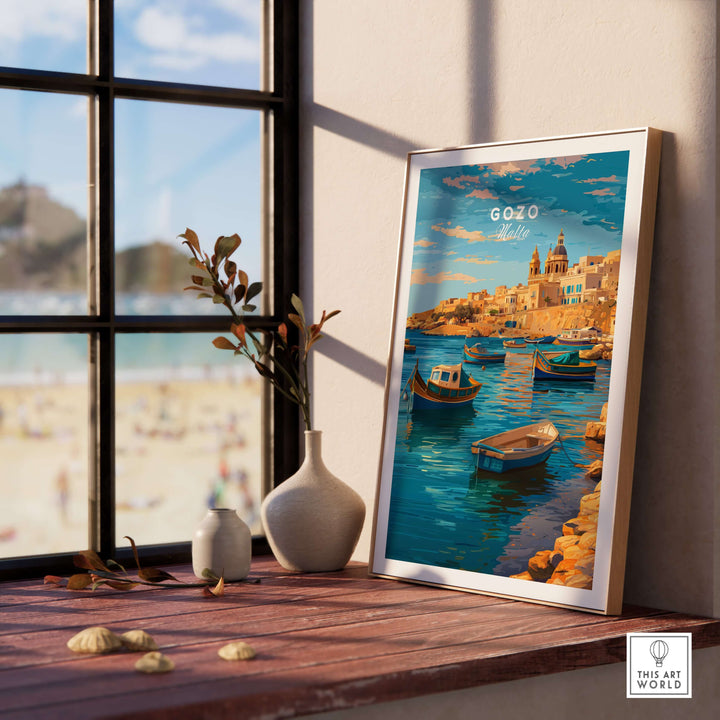 Gozo Poster - Mediterranean Print | Maltese Island Wall Decor showcasing a coastal landscape with colorful boats.