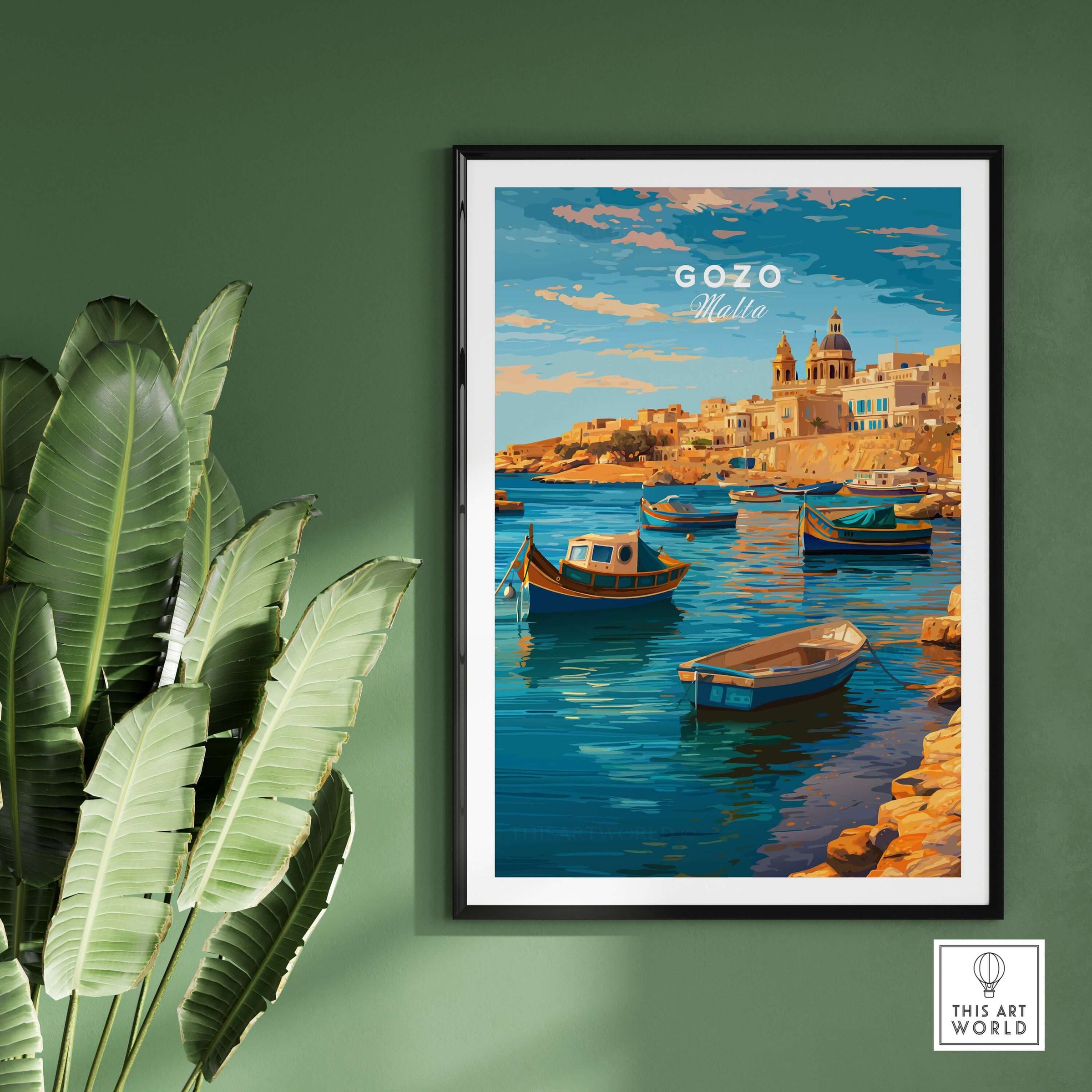 Gozo Poster - Mediterranean Print | Maltese Island Wall Decor showcasing scenic boats by the coast.