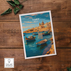 Gozo Poster - Mediterranean Print | Maltese Island Wall Decor featuring scenic coastal view with boats.