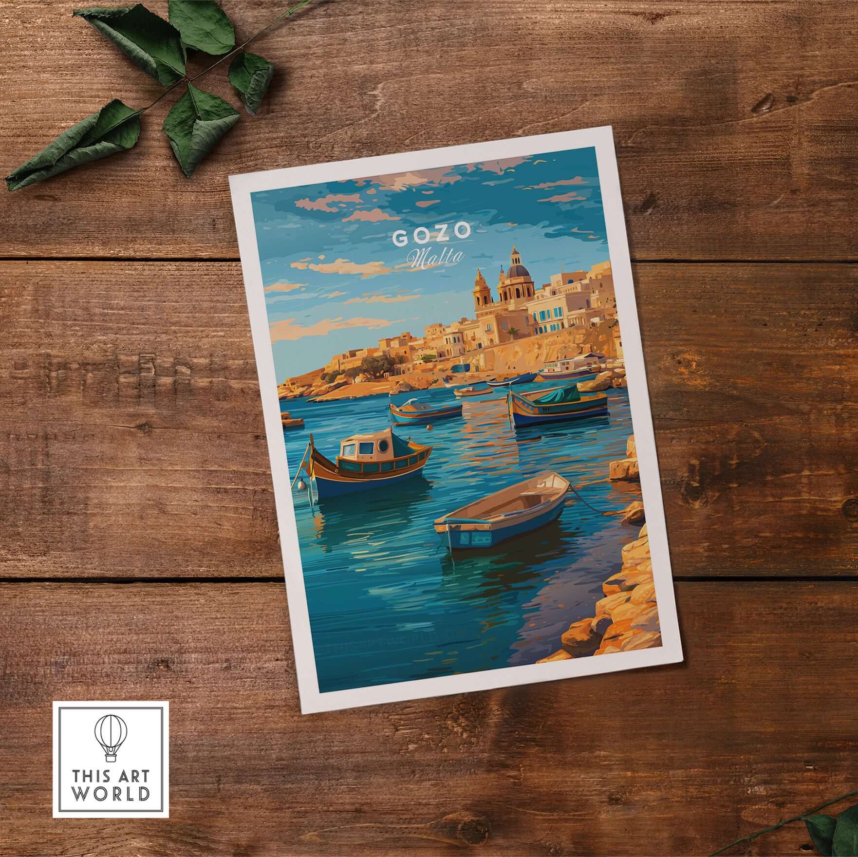 Gozo Poster - Mediterranean Print | Maltese Island Wall Decor featuring scenic coastal view with boats.