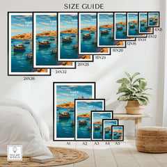 Gozo Poster - Mediterranean Print | Maltese Island Wall Decor size guide with various frame sizes and layout.