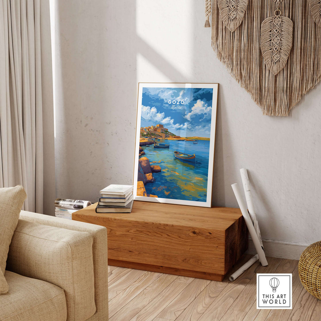 Gozo Xlendi Bay Beach Scene Print | Mediterranean Home Decor displayed in a stylish interior, adding coastal charm.