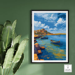 Gozo Xlendi Bay Beach Scene Print | Mediterranean Home Decor, vibrant artwork of serene bay with boats and coastal scenery.