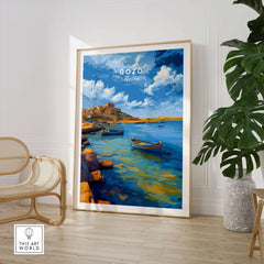 Gozo Xlendi Bay Beach Scene Print | Mediterranean Home Decor displayed in a stylish interior with a cozy chair and decor.